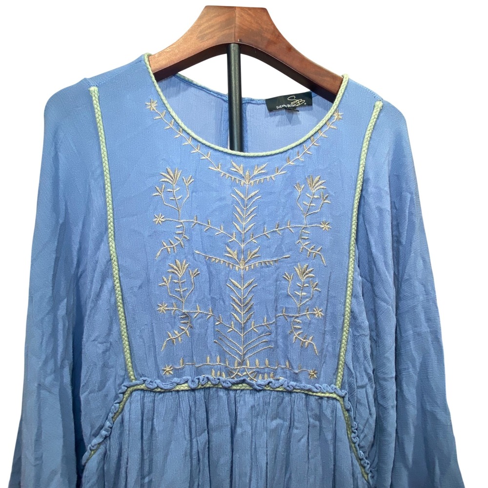 Suzanne‎ Betro Blue Embroidered Boho Tunic Bell Sleeve Plus Size 3X Top
